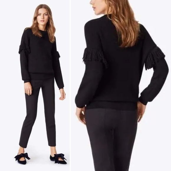 Tory Burch Bristol Sweater Pullover Crew Black Alpaca Silk Knit Fringe Ribbed L - Picture 1 of 12
